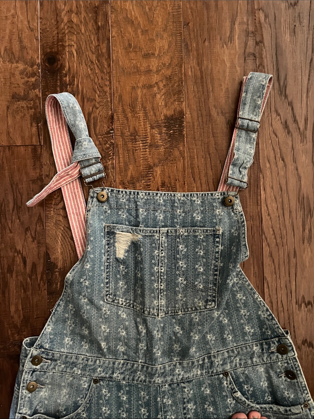 FP Distressed Light Blue Denim Overalls w/pink&white fabric on back of strap - Picture 3 of 14